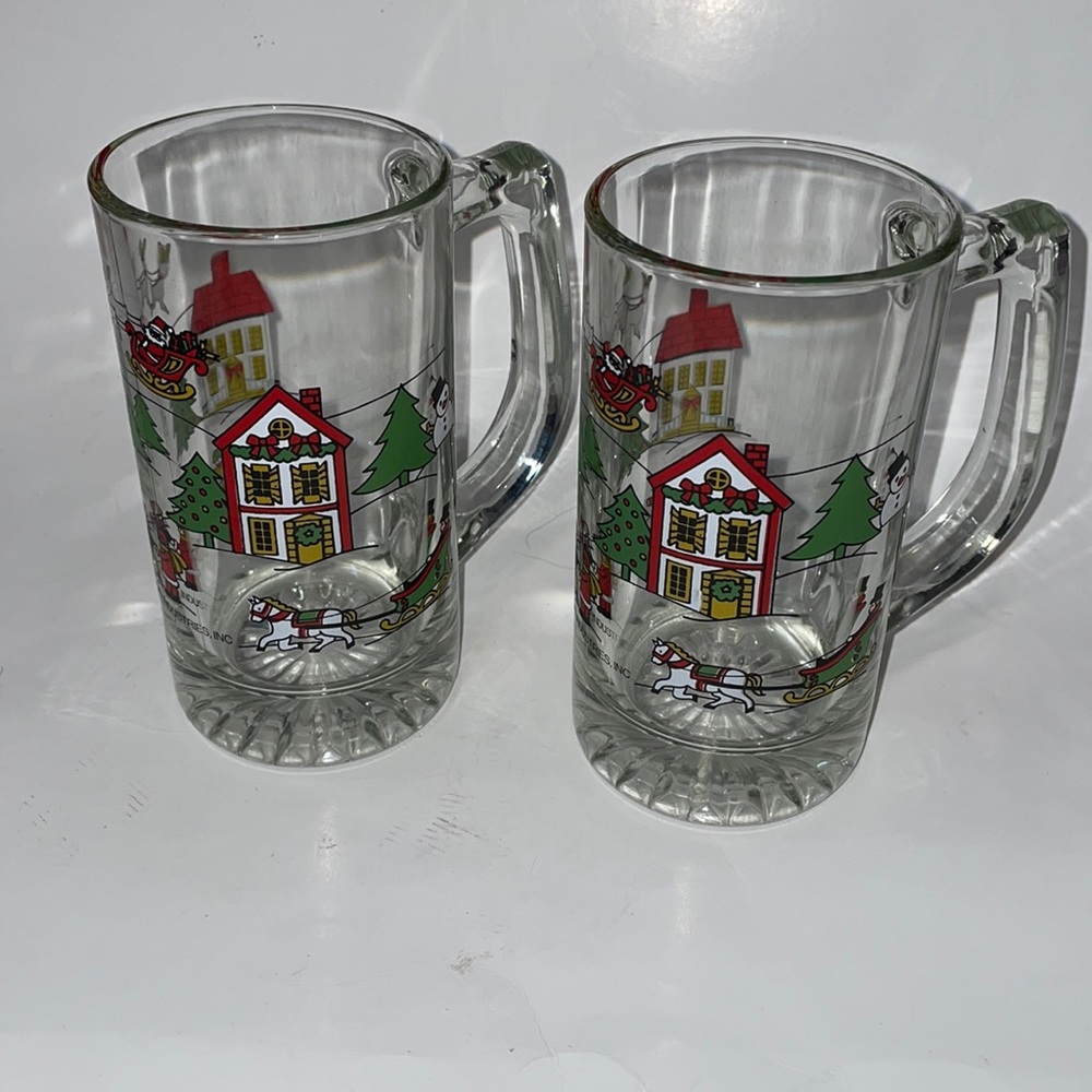 Vintage 1987 Action Industries Tall Glass Christmas Mugs Set of 2